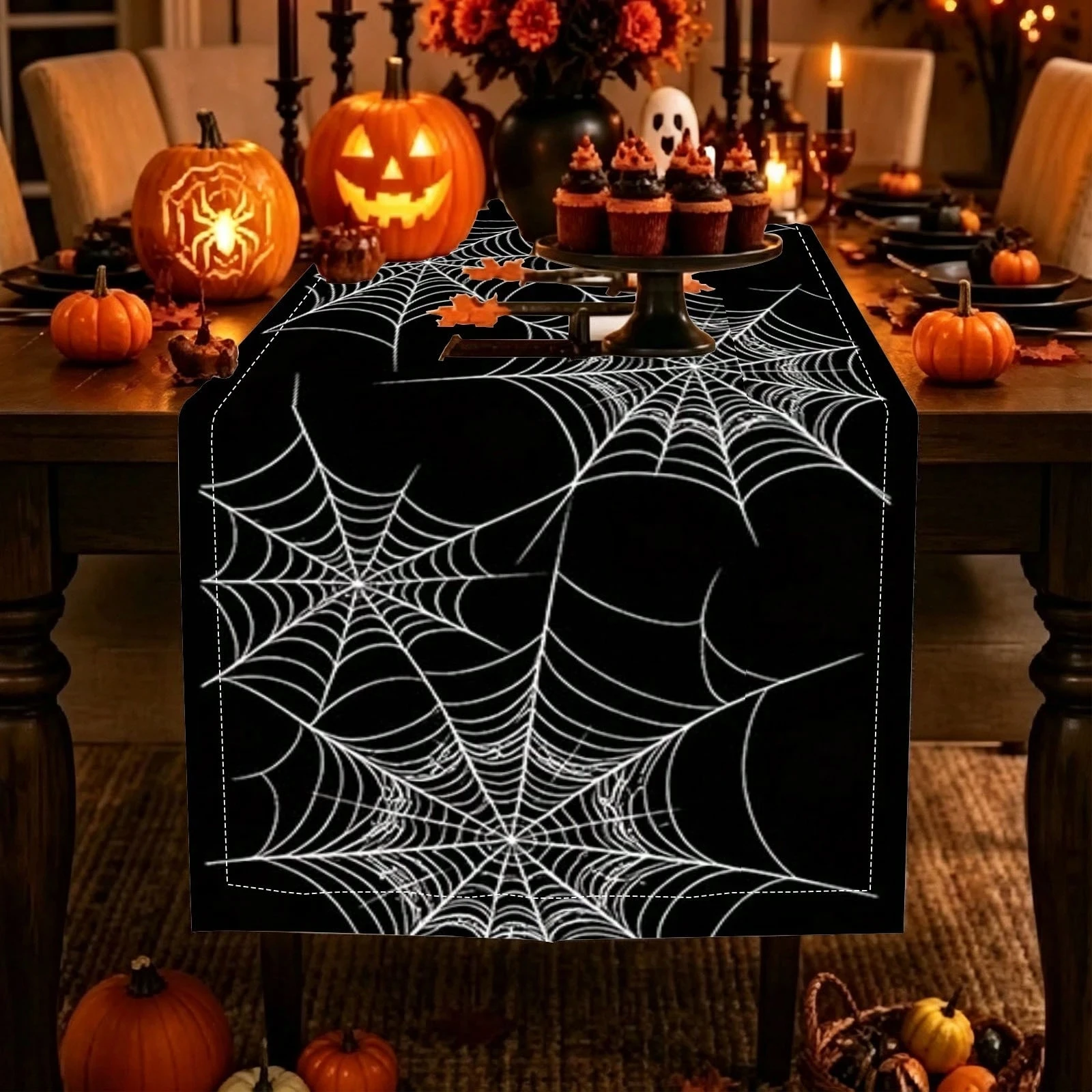 Halloween Spider Web Table Runner Black White Cobweb Tablecloth Dresser Scarf Holiday Party Dining Table Decor for Home Kitchen