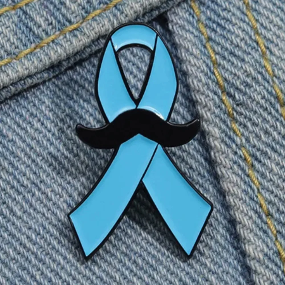 New Logo Prostate Cancer Awareness Badge Movember Blue Ribbon Mustache Lapel Pin Enamel Brooch Wholesale