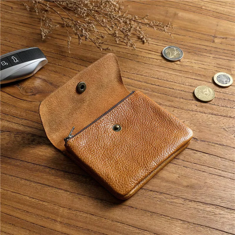 Japanese Style Handmade Retro Mens Genuine Leather Cowhide Wallet Short Zipper Coin Key Card Purse Small Change Pocket Money Bag