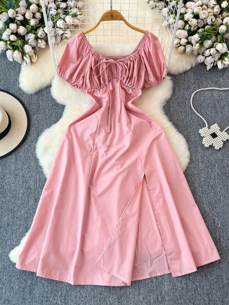 Foamlina Summer Women Elegant Midi Dress Solid Lace-up Square Neck Short Sleeve High Waist Slim Split A Line Party Dress Vestido image 3