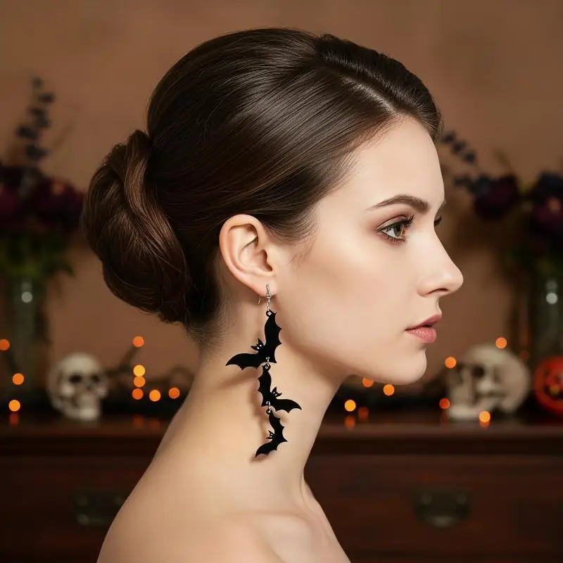 Schwarze Fledermaus-Kürbis-Geister-Ohrringe mit hypoallergenen Edelstahlhaken für Halloween-Cosplay und Gothic-Kleidung – Detail 5