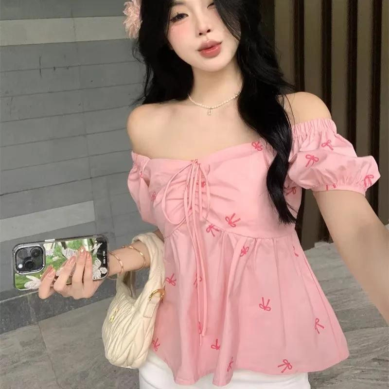 Pink Blouses Women Puff Sleeve Bow Printed Lace-up Sweet Girl College All-match Summer  Y2k Tops Aesthetic Camisas Blusas Chic