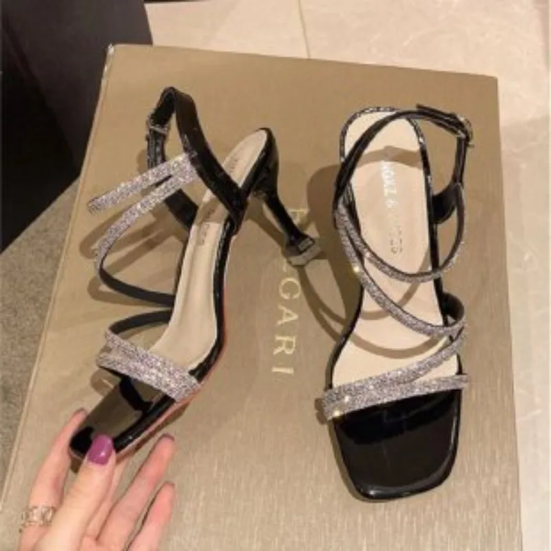 2024 French Rhinestone Sandals Fashion Fine Heel High Heel Sandals Women\'s Summer New Fairy Style Thin High Heels Shoes