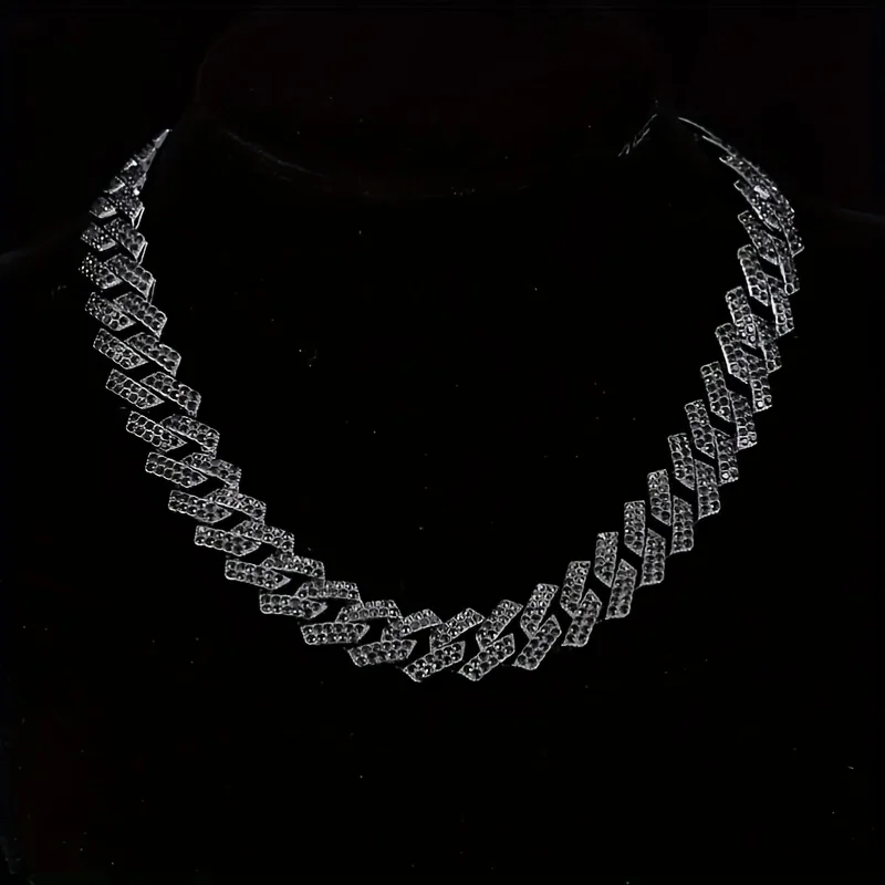 2pc gun black Cuban necklace bracelet set with sparkling rhinestones, hip-hop style, men's handsome rock and bouncing accessorie