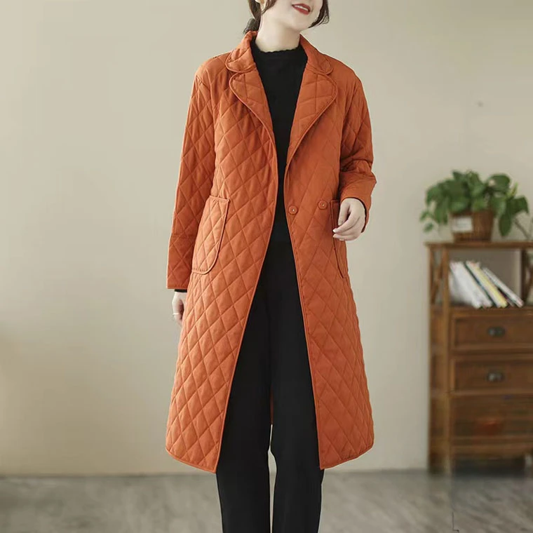 2023 New Arrival Rhombic Lattice Pockets Vintage Autumn Winter Outwear Down Coats Padded Cotton Fashion Women Casual Long Coats