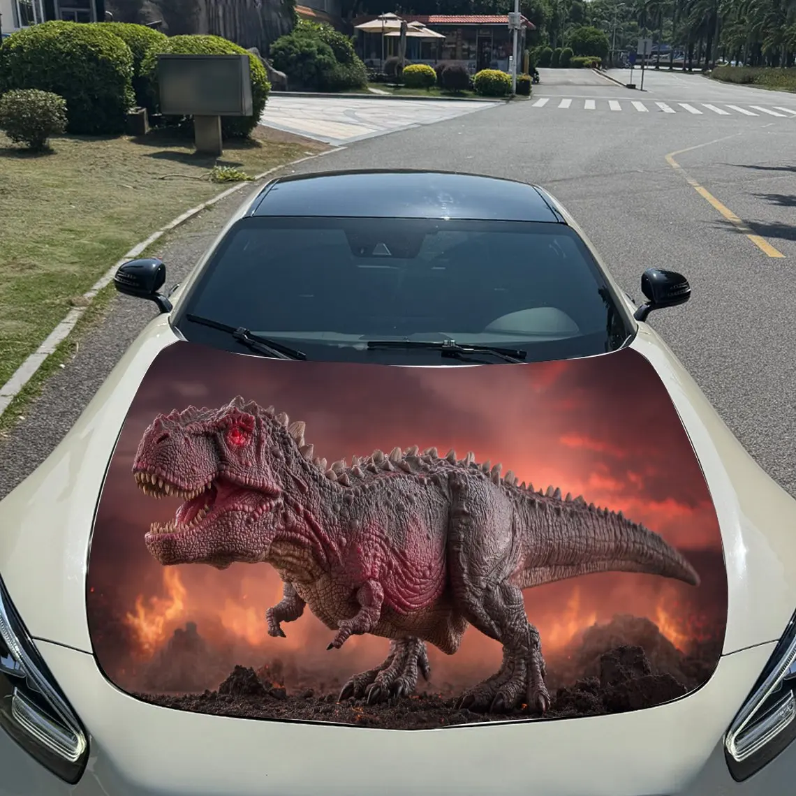 T-Rex Flame Prehistoric Dominant PVC Car Hood Wraps, Self-Adhesive Waterproof Car Bonnet Decal Sticker, Car Decoration Protectio