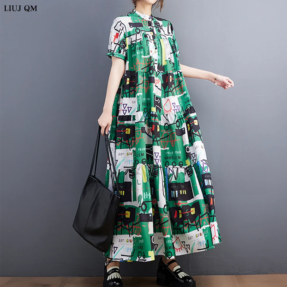 Korea Fashion Floral Print Shirt Kleider Für Frauen Neue Lose Beiläufige Kurzarm Vintage Sommer Lange Kleid Plus Größe Kleidung