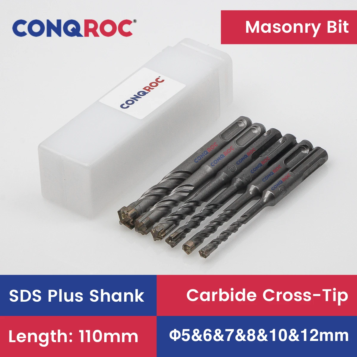 Masonry Drill Bits Set SDS Plus Shank Carbide-Cross-Tip Length-110mm 6-Size Diameter-5&6&7&8&10&12mm for Electric Hammer