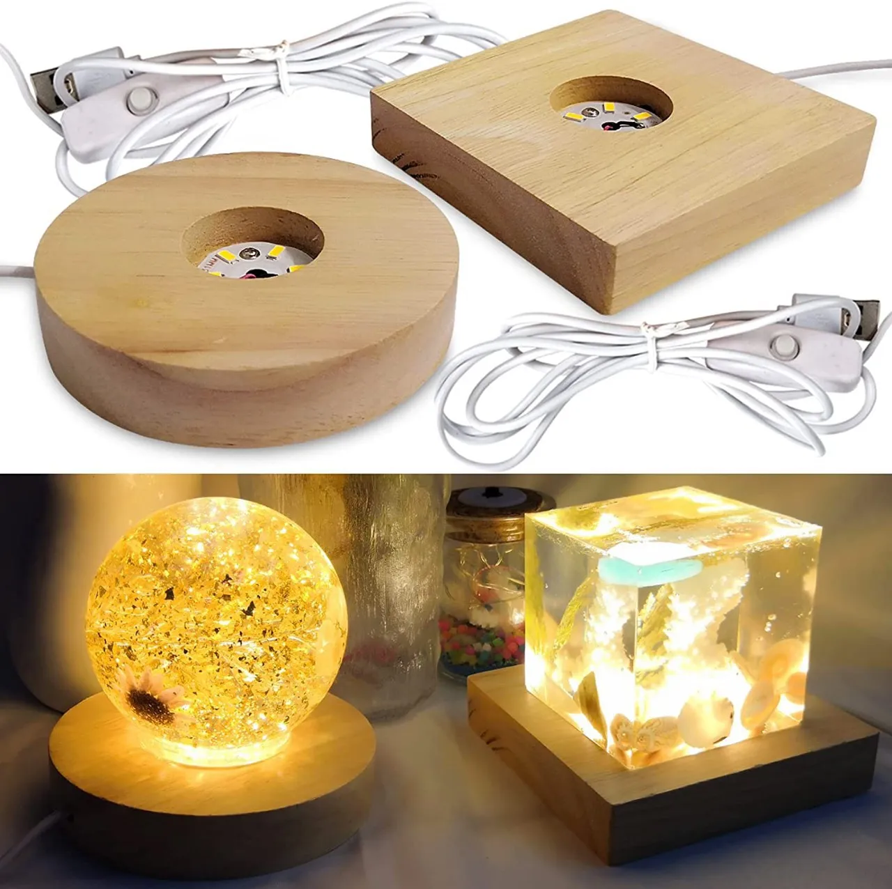 

Round Wooden Light Base With 1Meter USB Power Switch Table Lamp Night Light Lamp Base Rotating Display Stand Lamp Home Decor DIY