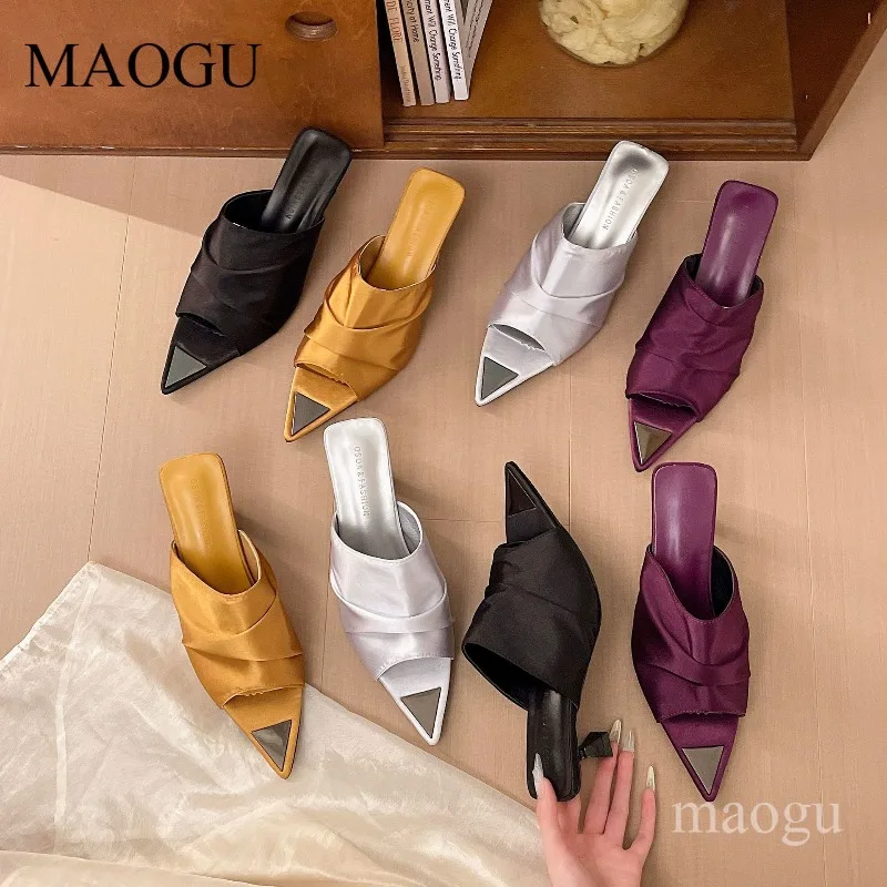 

Satin Pleated Mule Heels Pointed Toe Slides Ladies Kitten Heel Backless Sandals Elegant Slip-on Shoes for Women's Sandalias