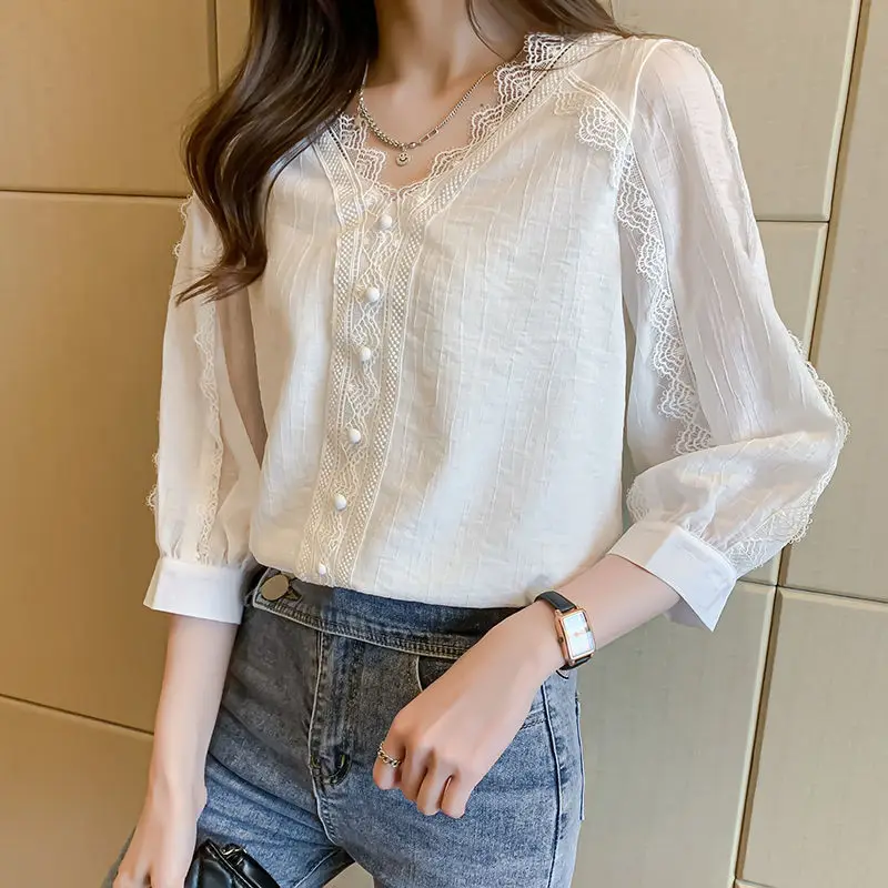 Women Summer Lace Patchwork Elegant Chic White Blouse Korean Fashion V Neck 3/4 Sleeve Casual Shirts Female Chiffon Tops Blusas