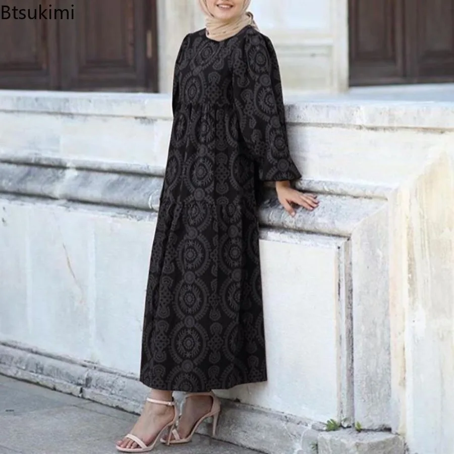 Muslim Fashion Abayas for Women Temperament Elegant O-neck Long-sleeved Printed Dresses Arab Saudi Kaftan Modest Robes Vestidos