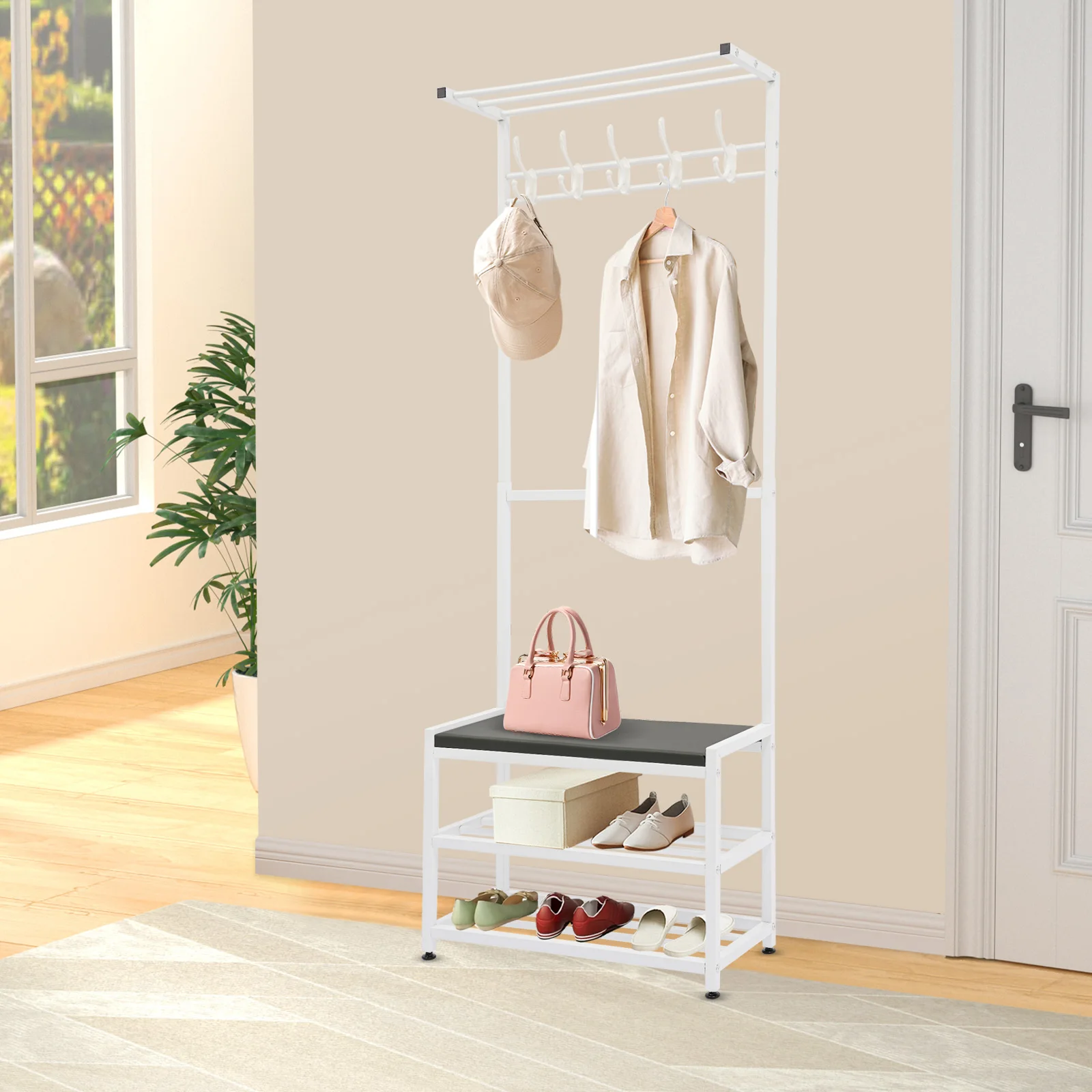 

60*25.5*160cm White Entryway Coat Shoe Rack 3-in-1 Coat Shoe Rack Shoe Bench Coat Shoe Rack with Stool