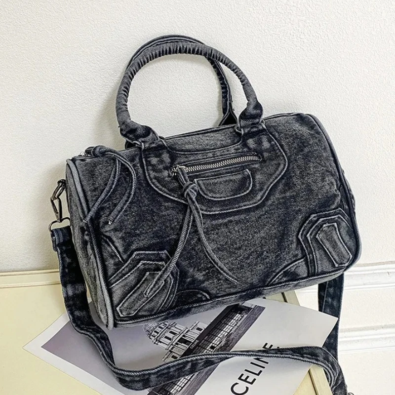 

Luxury Designer City Tote Bag for Women Retro Washed Denim Cloth Splicing Fringed Shoulder Portable Messenger Bag Handbags