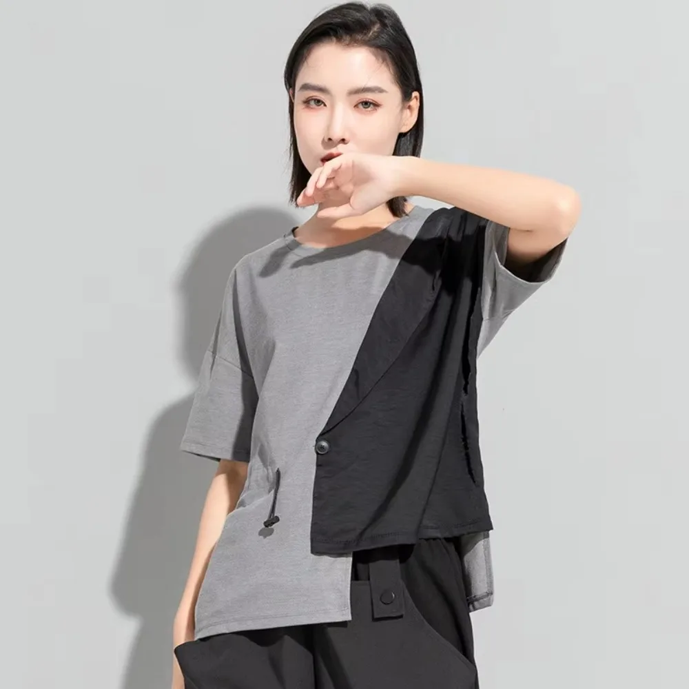 Women Dark Style Spliced Asymmetric Lapel Fake Two-Piece T-Shirt Short Sleeve Top Streetwear Chic Ladies Blouse