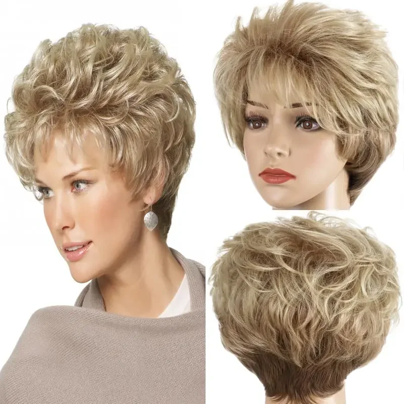 Perruque synthétique courte avec frange pour femmes, cheveux bouclés et blonds, à la mode, pour Costume de fête, utilisation quotidienne