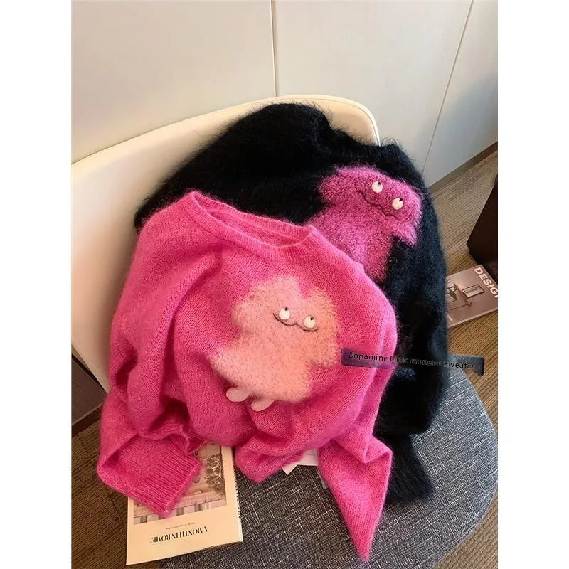 

Soft Cozy Pink Rose Cartoon Pattern Women's Knitted Sweater Sweet Anti-aging Autumn Winter Lazy Style Fashionable Commute