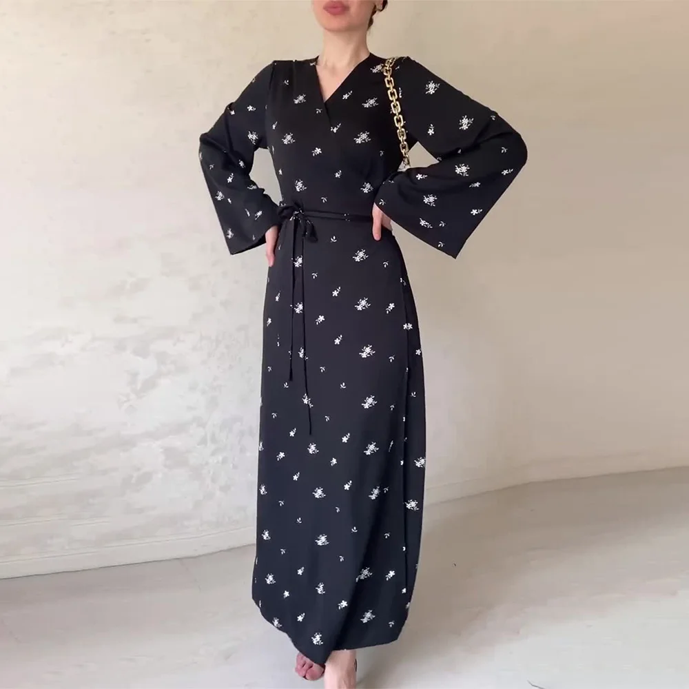 Elegant Women Printed V Neck Bubble Sleeve Waist in Floral Gentle Wind Long Dress Lace Up Maxi Dresses Vestido Work Office Dress