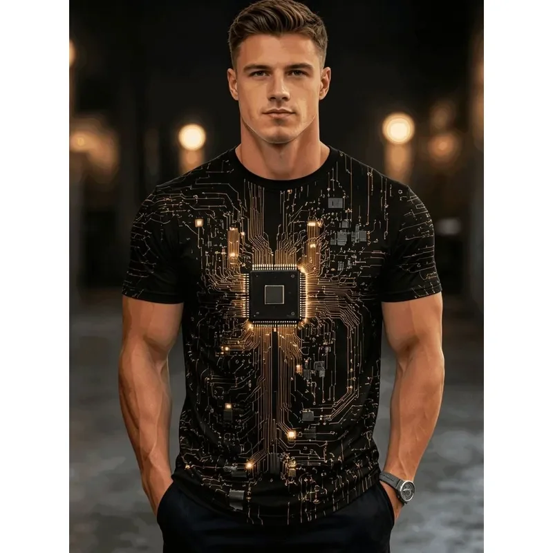 Men 3D Printed Tech T Shirt Golden Circuit Board Chip Pattern Round Neck 100 Polyester Urban Style Computer Science Gift for