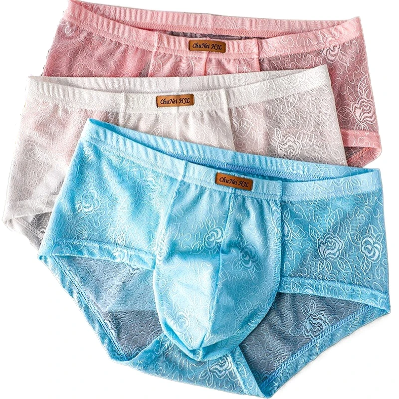 Mens Sexy Erotic Underwear Lace Panties Ropa Interior Hombre Mesh Perspective Mid Waist Pouch Briefs Large Size Quick Drying