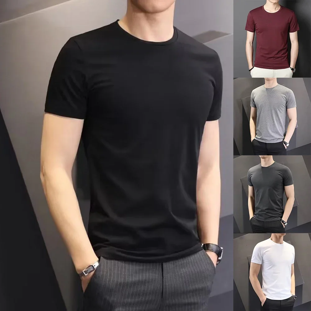 Men Casual Solid Short-sleeved Tees Slim Round Neck Bottoming Trendy Pullover