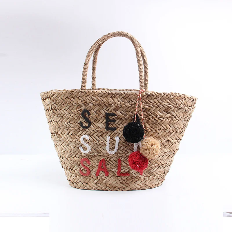 Woven Big Women Handbags Casual Letters Tassel Rattan Basket Bag Summer Beach Straw Bucket Tote Bali Purses