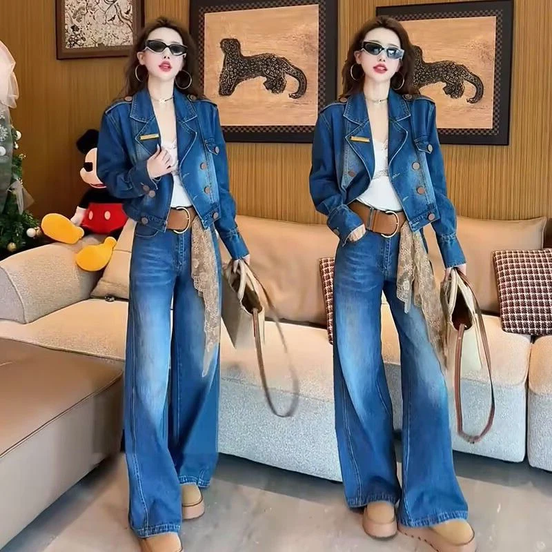 

Fashionable European Denim Set Women's Short Wide Leg Jeans Jacket Two Piece Suit Slimming Spring Autumn New Style