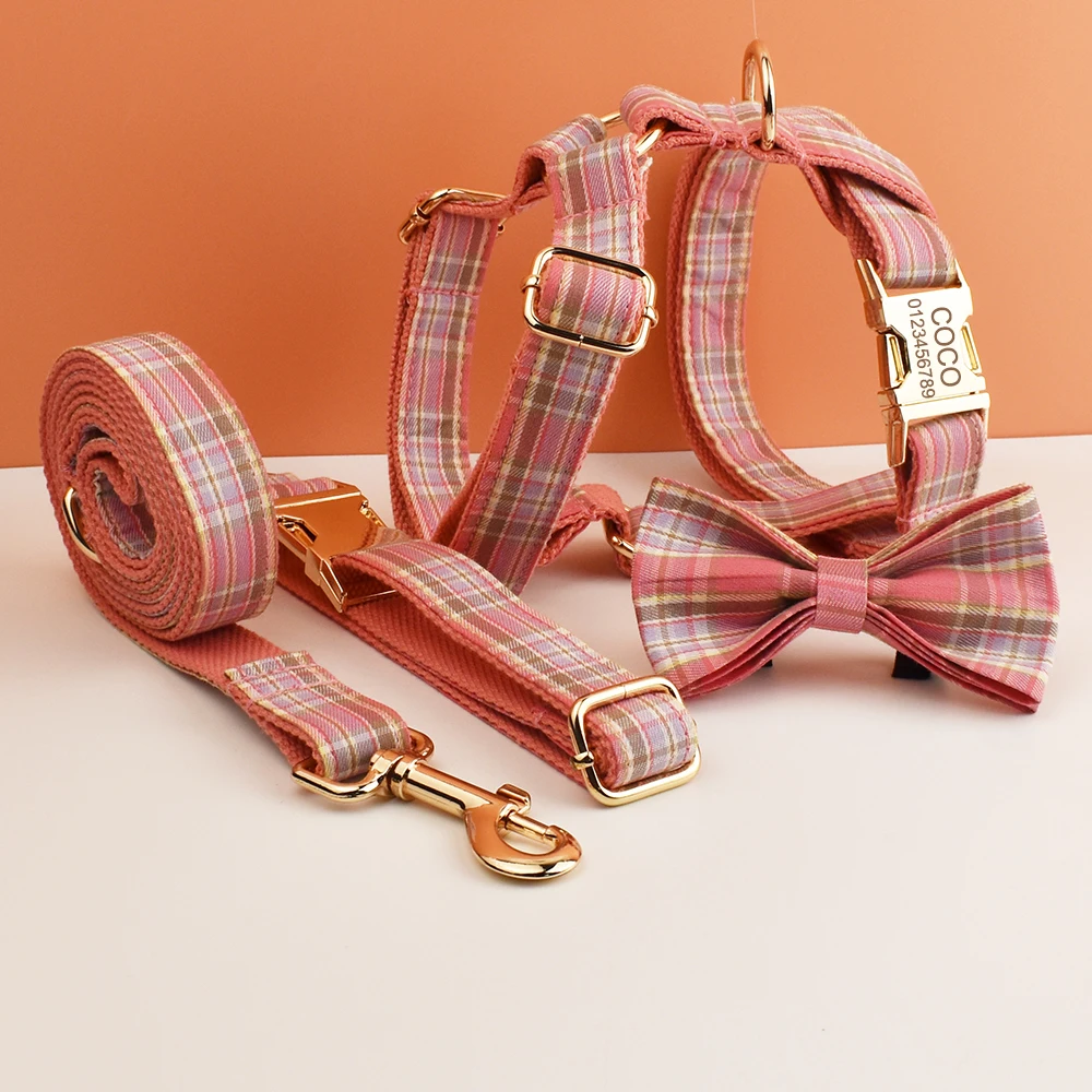 Plaid Dog Collar And Leash Set For Dogs Custom Engraved Nameplate Pet Supplies Dog Leash Grid 14