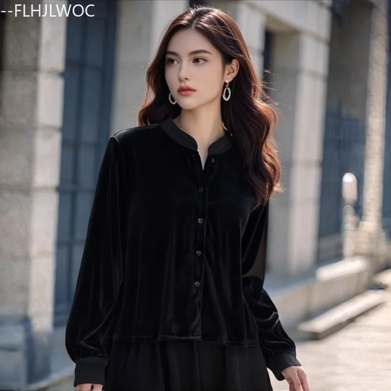 Ano novo natal bonito preto veludo topos blusa mulher outono inverno básico elegante senhora retro vintage botão superior camisas bonito