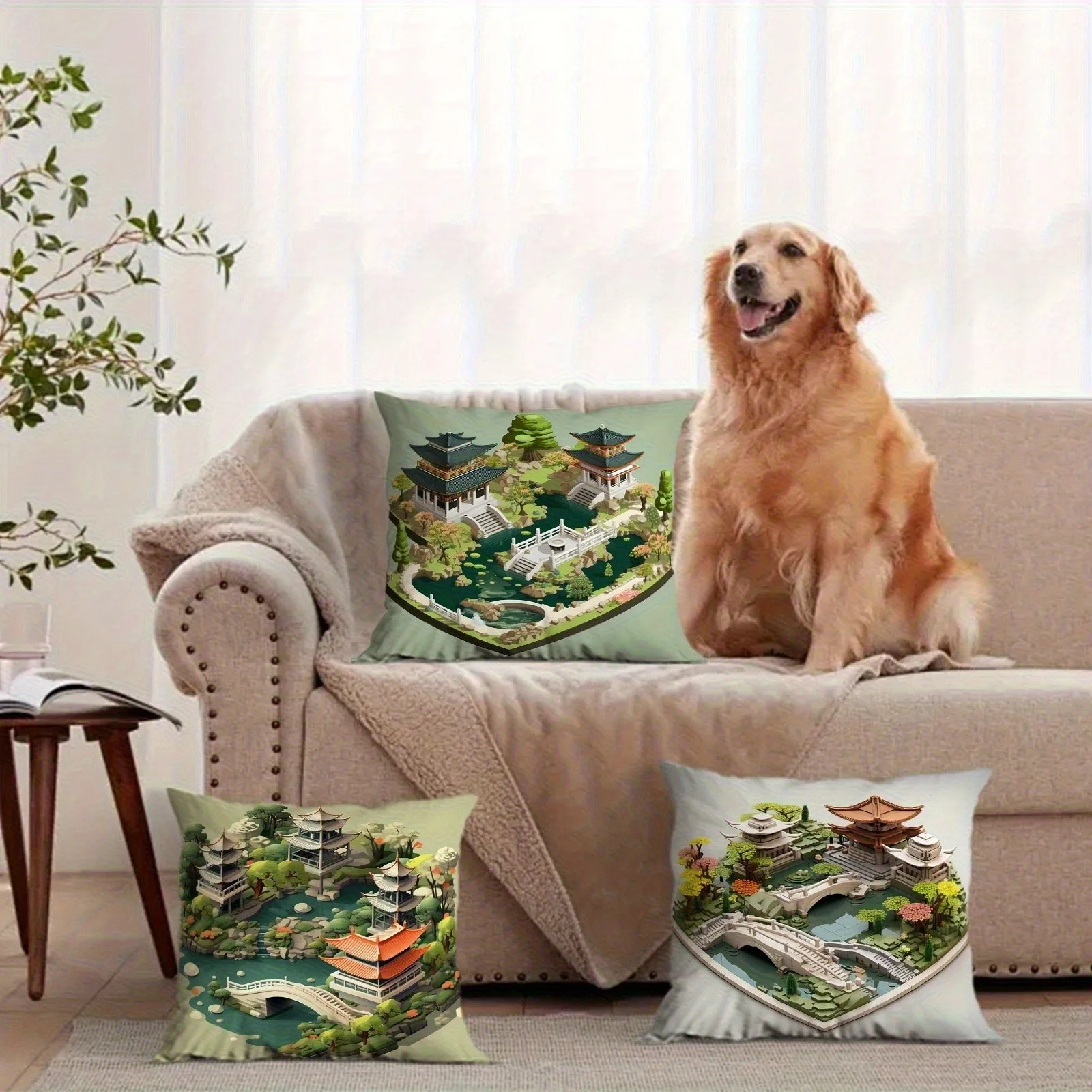 

Элегантный 2D комплект наволочек для японского сада, традиционный узор пагоды и моста, декоративный чехол для подушки для дома, дивана, спальни