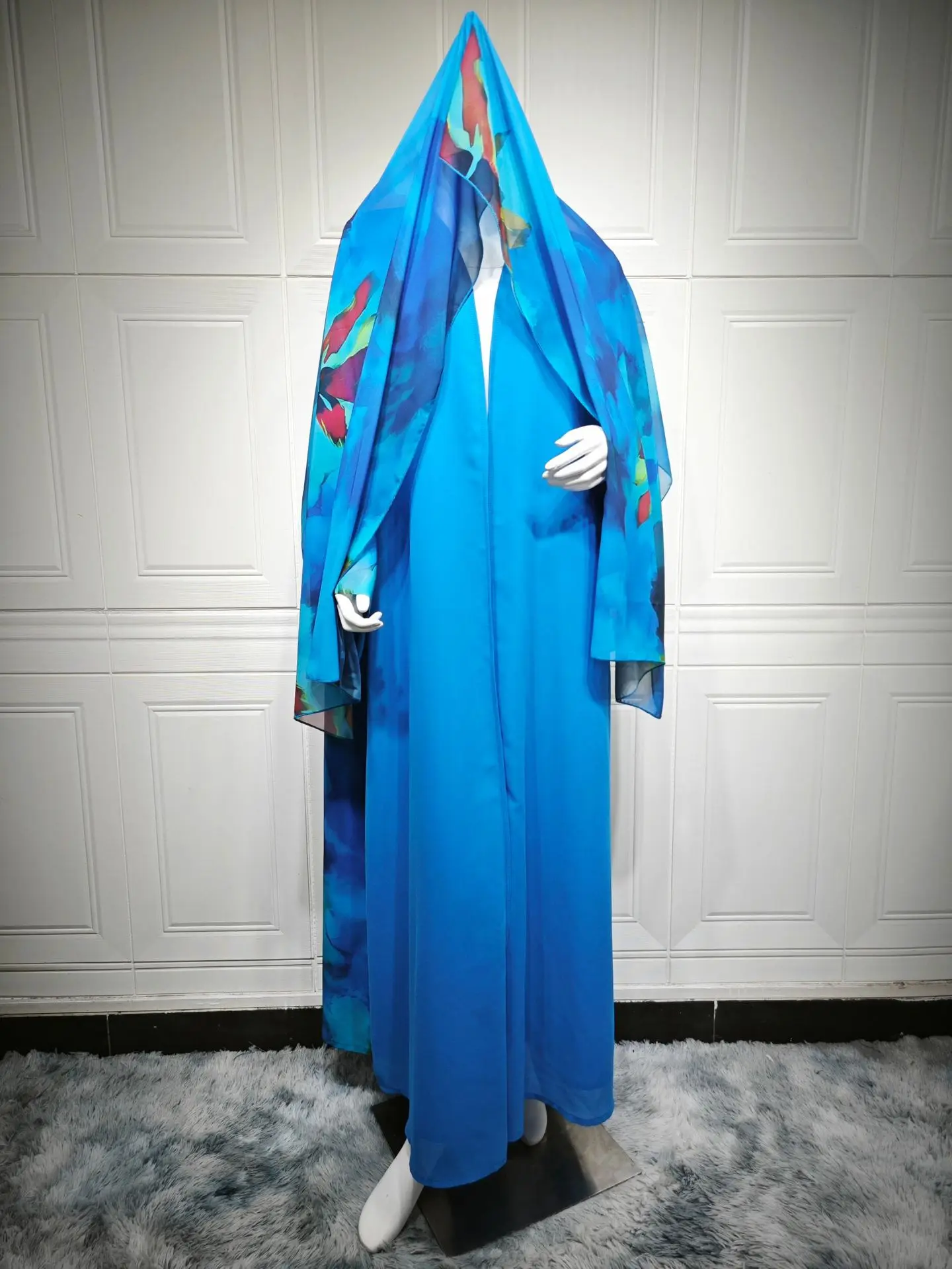 Taille unique Musilm femmes moyen-orient nouveau Cardigan Robe avec foulard deux pièces en mousseline de soie imprimé avec manteau Abaya