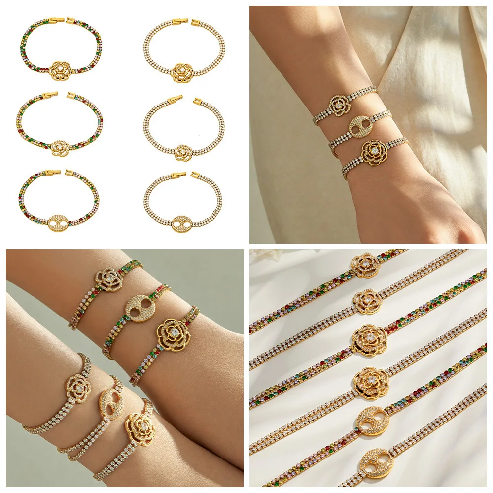Schweinenasen-Blumen-Charm-Armband Tennis-Armband Edelstahl-Kettenarmband 18k Vergoldetes Armband mit Farbigen Zirkonen für Damen – Detail 1