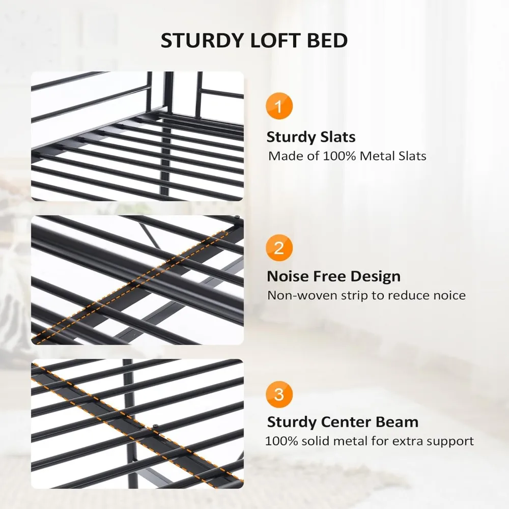 Loft Bed Full Size with Flat Rungs for Adults, Kids and Young Teens, No Box Spring Required,Heavy Duty Metal Slat Support