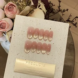 10Pcs Gradient Nude Pink False Nails with Diamond Press on Nails Almond Handmade French Cat Eye Fake Nails Blush Pink Nail Art