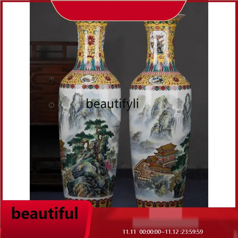 

F132 xCeramic Pastel Landscape Chinese Floor Vase Company Hotel Living Room TV Cabinet Decoration Ornaments