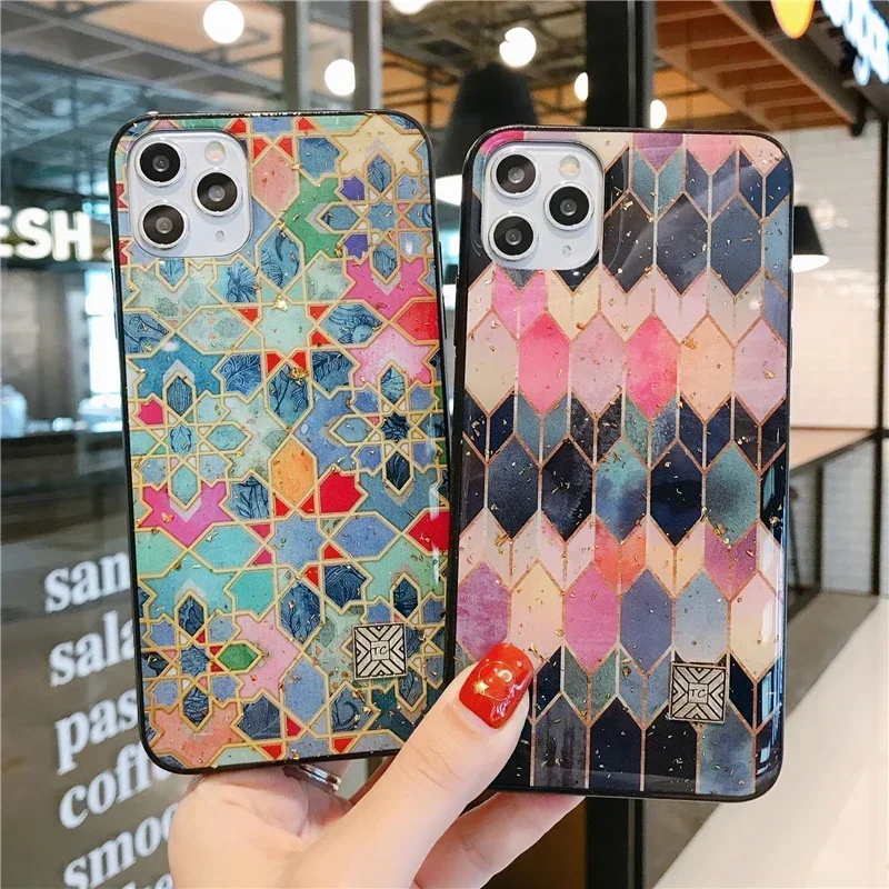 Contrasting Color Gold Foil Silicone Phone Case For iPhone 16 15 14 13 11 12 Pro Max Plus Glitter Geometric Painted Epoxy Cover