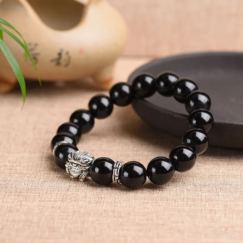 Vintage Agate Black Radiant Stone Round Pixiu Bracelet for Women Men Retro Versatile Crystal Charm Bracelet Pendiente Ojo Turco