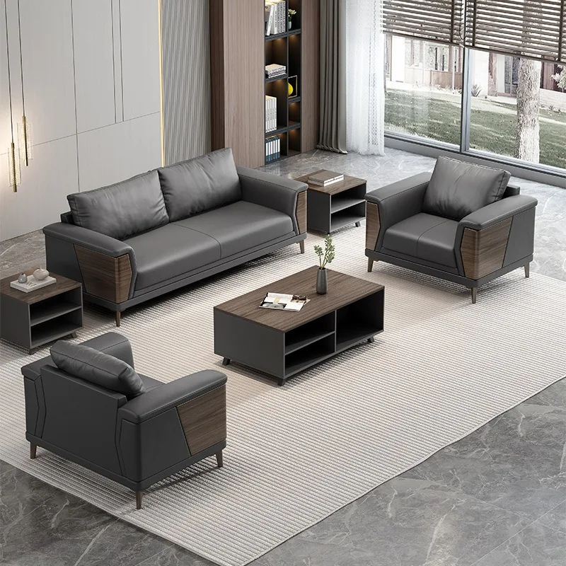 Modern Leather Office Sofa Set, Executive Reception Sofa with Coffee Table, Luxury Commercial Office Furniture