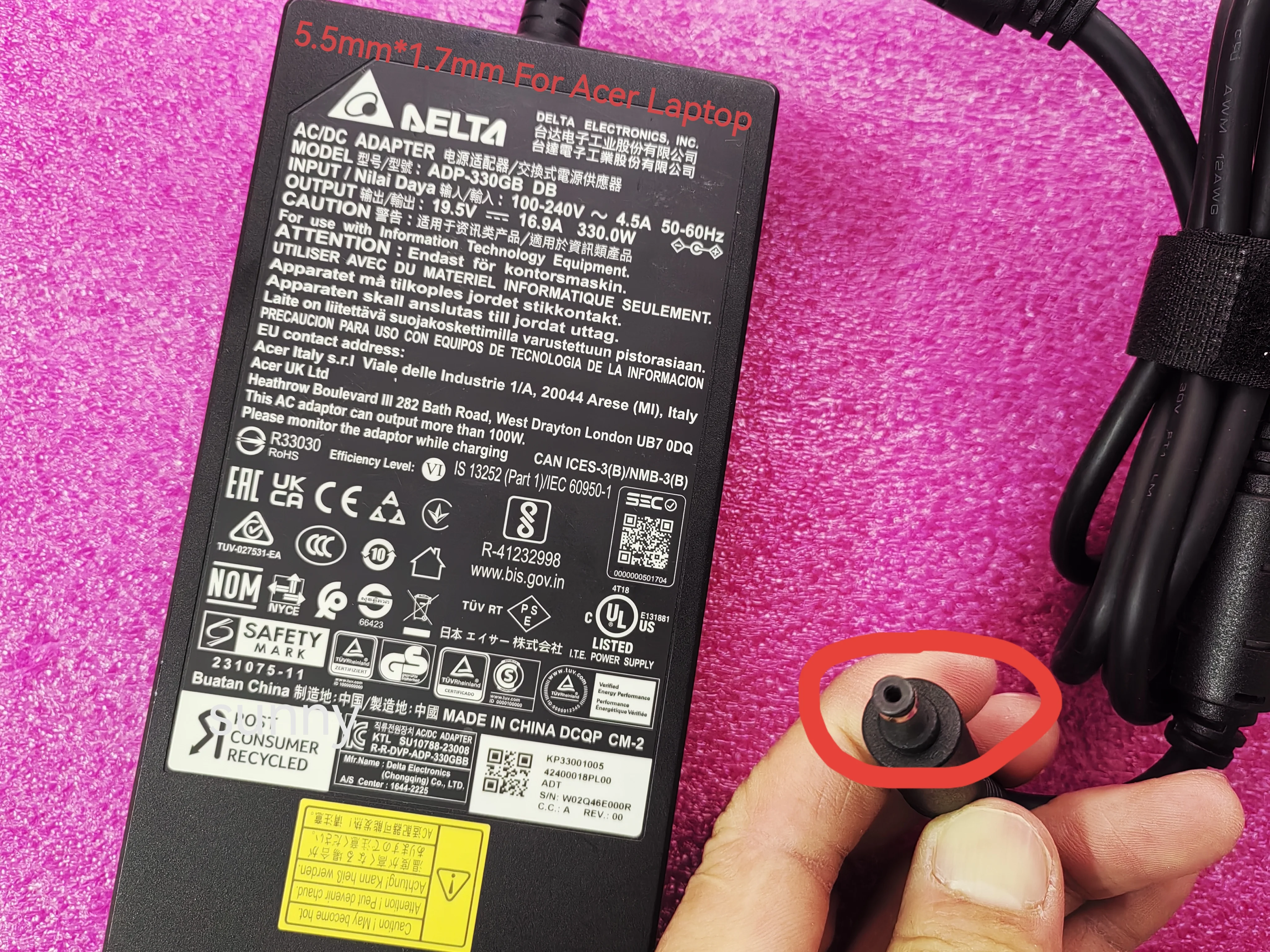 For Acer Predator Helios 18 N23Q2 PH18-71 Gaming Laptop Slim Delta 330W 19.5V 16.9A ADP-330GB DB OEM 5.5mm*1.7mm AC Adapter