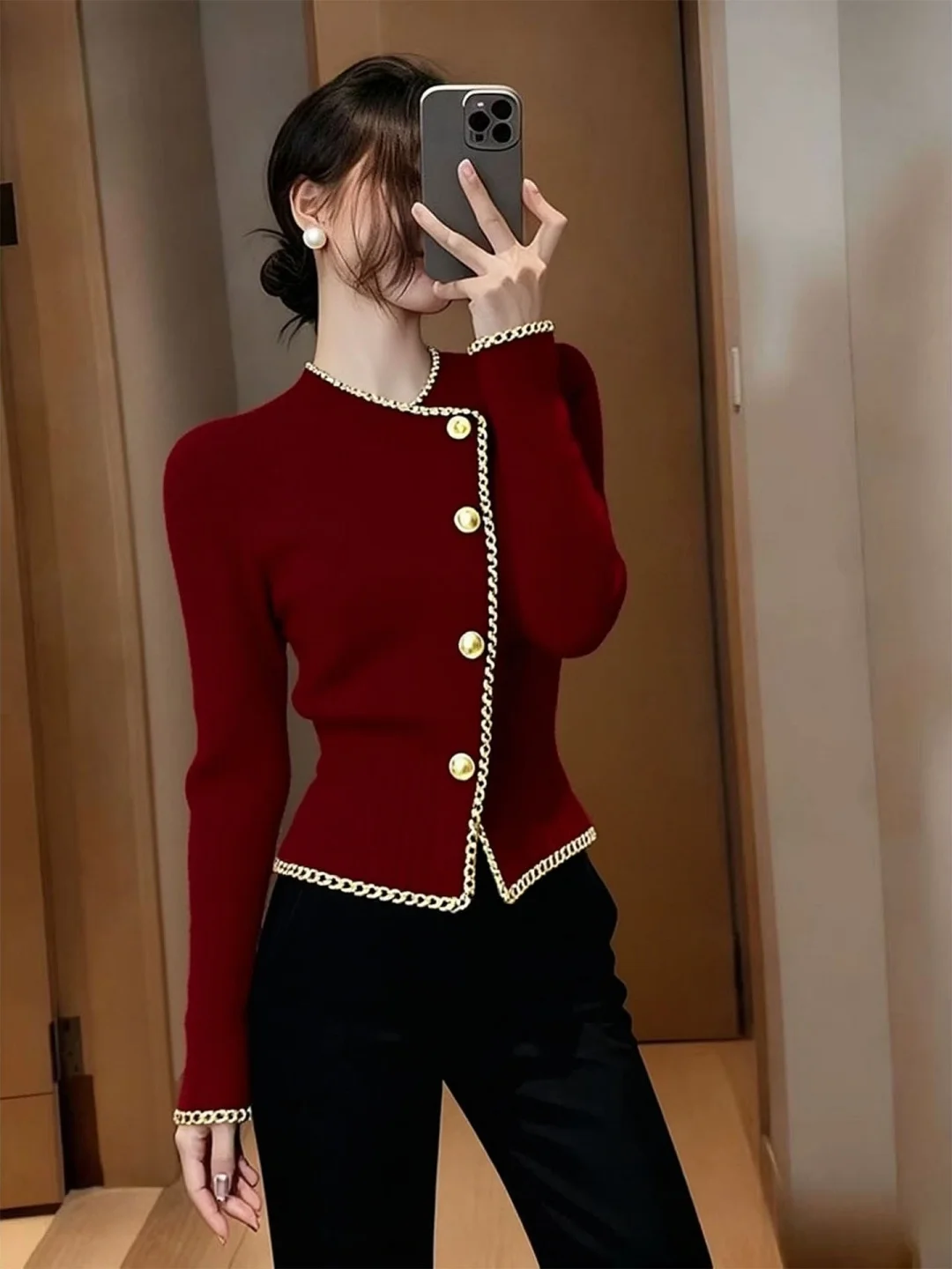 

Красный вязаный свитер женский, модный, элегантный, с длинным рукавом, круглым вырезом, пуловер, осенняя коллекция, роскошный молодежный образ