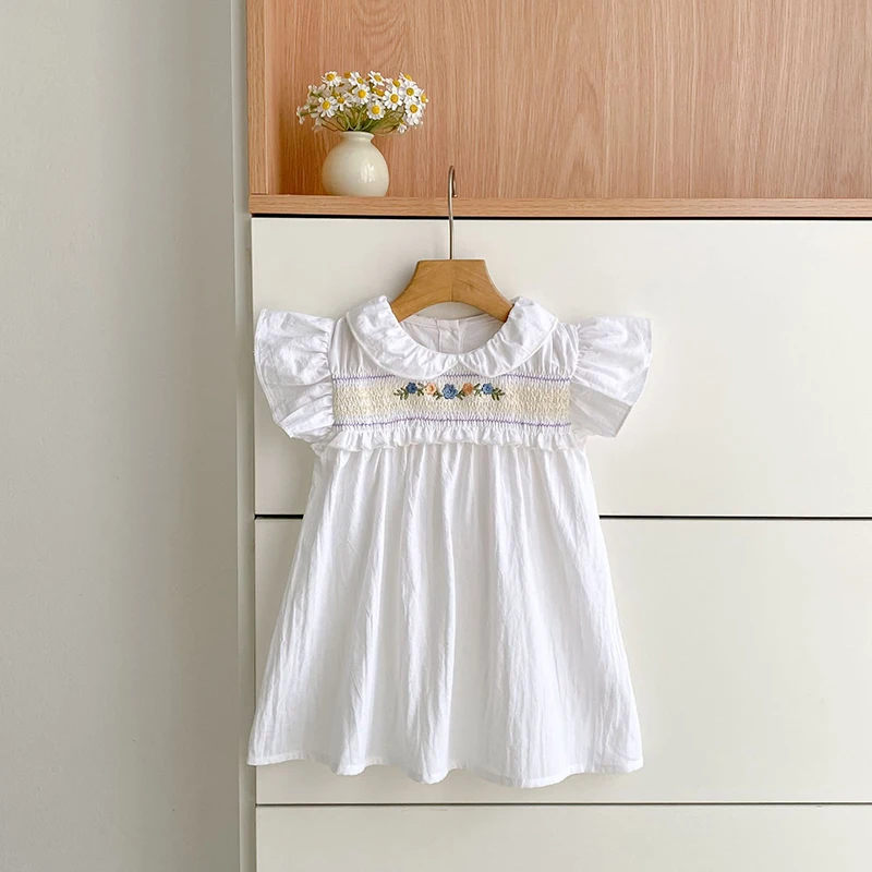 2026 Summer New 2-6Yrs Flying Sleeve Baby Girl White Dress Princess Birthday Dress Embroidered Western Style Dress