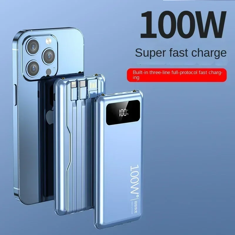 100W Super Fast Charging Power Bank 20000mAh Built In Cable Powerbank for IPhone Xiaomi Samsung Poverbank with LED Light