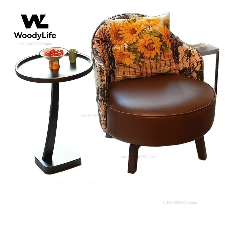 Backrest Chair Single Rotating Sofa Chair Relaxing Living Room Balcony Home Retro Light Luxury Leather Chair Bedroom
