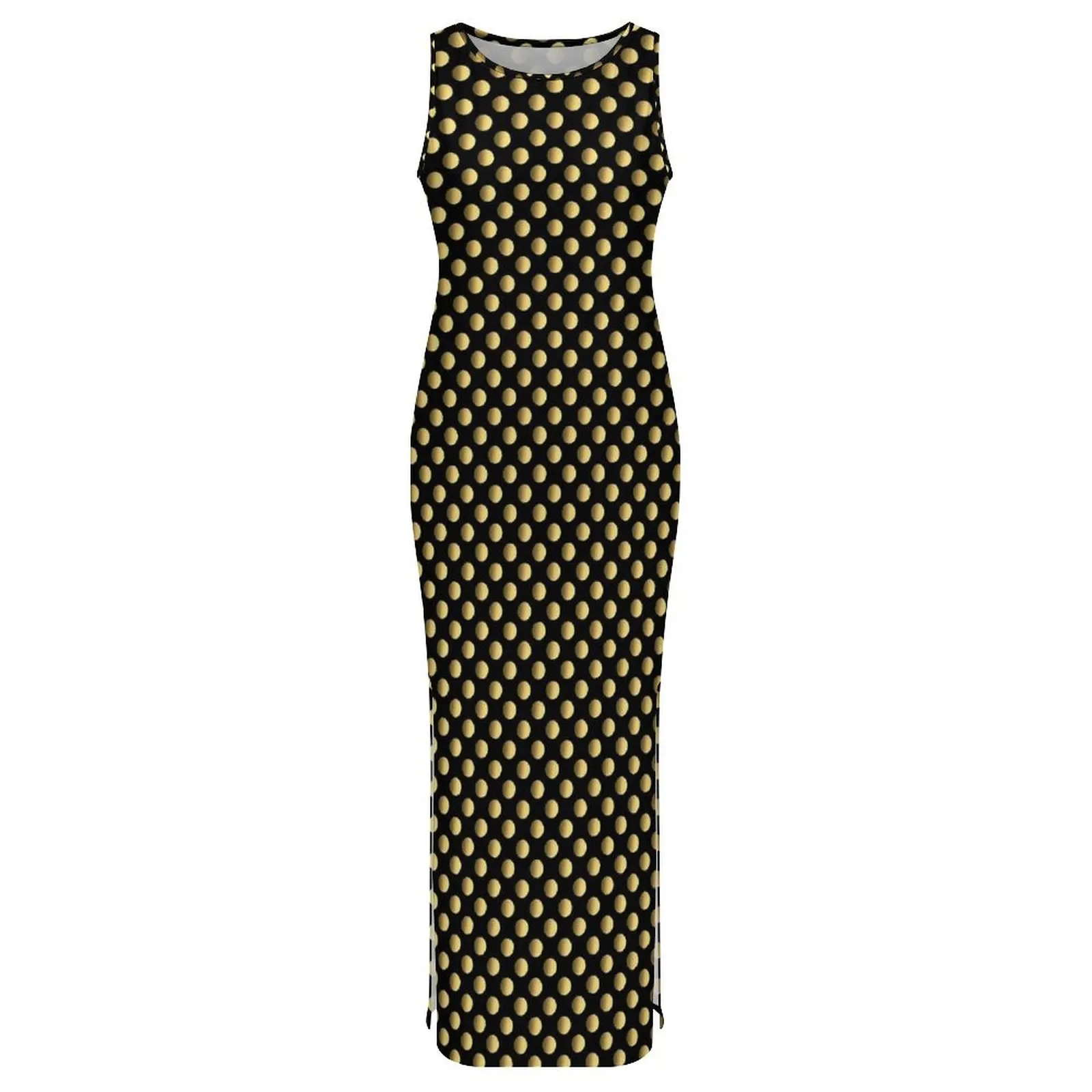 여성 골드 도트 드레스 서클 인쇄 미적 Bodycon 드레스 휴일 민소매 나이트 클럽 맥시 드레스 그래픽 빅 사이즈 Vestidos