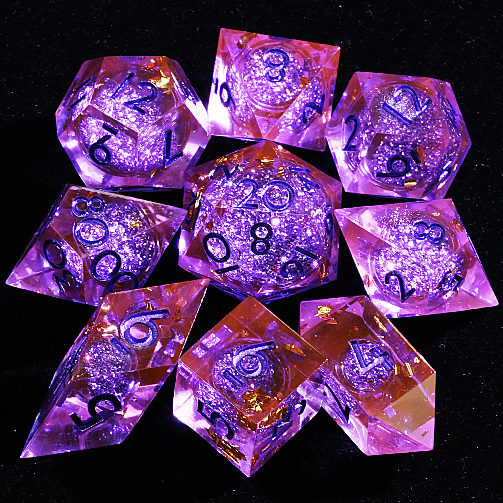 9 Polyhedral Resin Liquid Core DD Set of Dice Amethyst Sand Gold