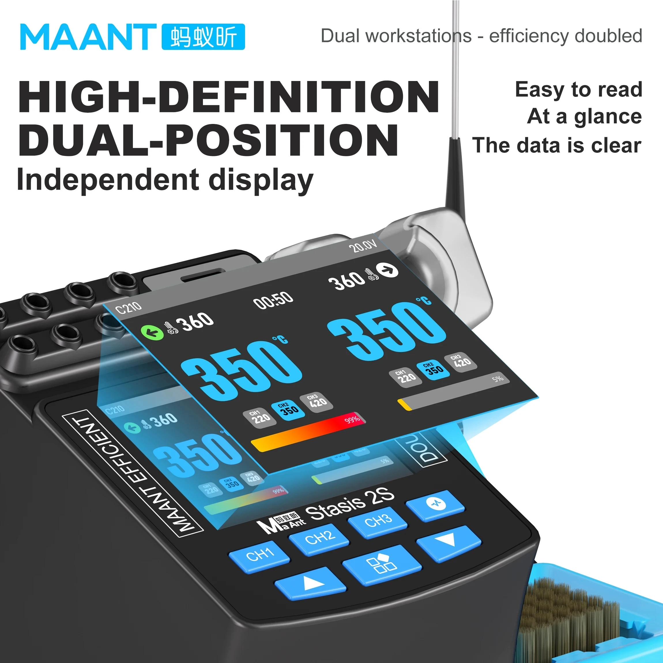 

Платформа для пайки MaAnt 2S 200W с интеллектуальным дисплеем и двумя рукоятками, совместимая с рукоятками C210/C245/C115, для ремонта печатных плат.