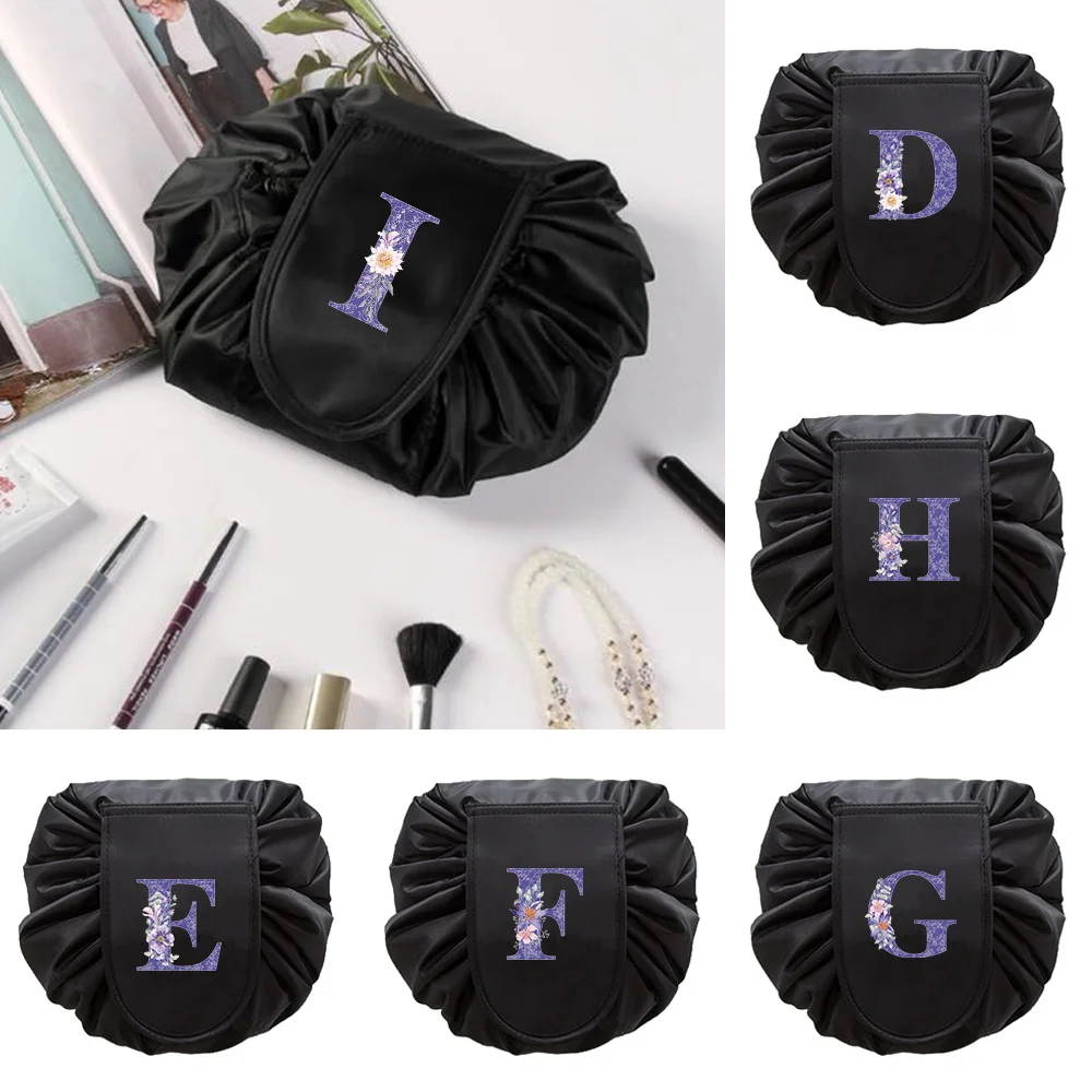 

Lazy Drawstring Cosmetic Storage Bag Purple Flower Letter Print Folding Makeup Portable Travel Wash Bag Organizer Toiletry Pouch