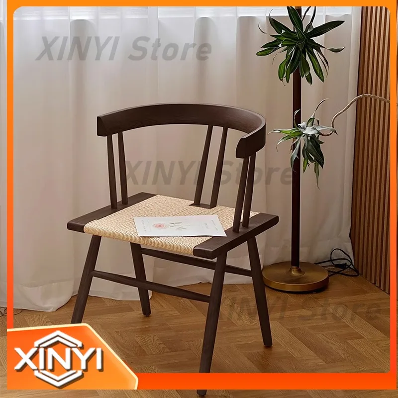 Solid Wood Dining Chair for Nordic Home Study Bedroom Leisure Use Simple Handmade Rope Grass Seat Dining Room Oak Stool