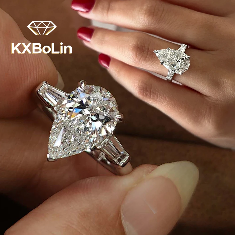 

4Carat Pear Cut Moissanite Engagement Ring with Tapered Baguette Waterdrop Shape Diamond S925 Silver Wedding Rings for Women