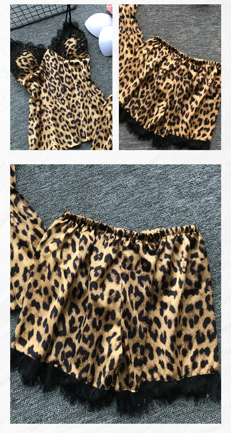 Sexy Leopardenmuster-Schlafanzug, Damen-Cami-Top und Shorts, Pyjama-Set mit Spitzenbesatz, Loungewear, trendiger Tierdruck-Pyjama, neues heißes Geschenk – Detail 5